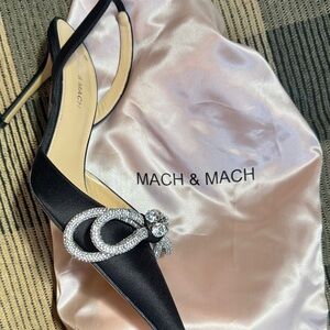 MACH & MACH Black Satin Heels with Crystal Embellishment